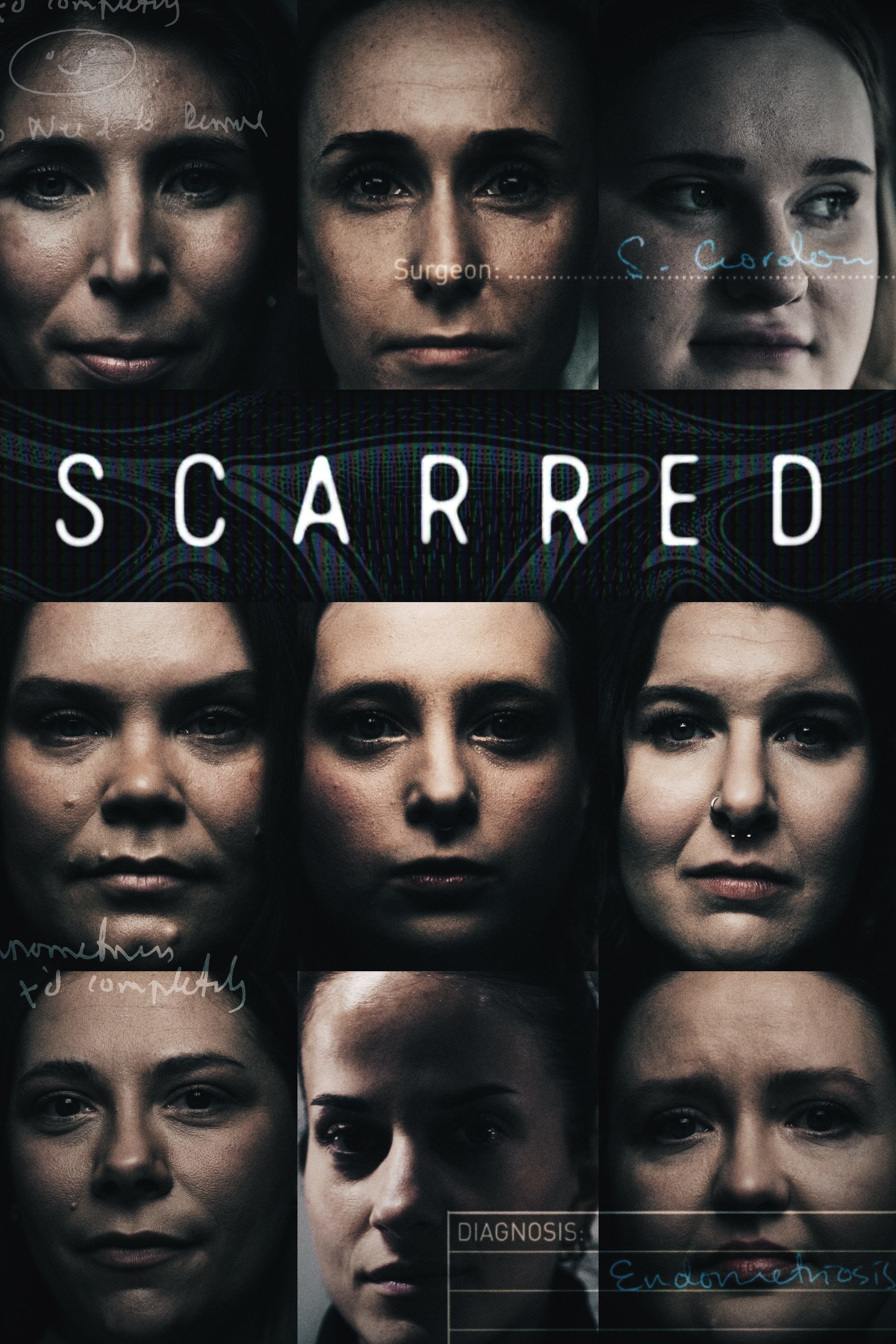 Collage of women’s faces with a grapic of a surgeon's signature and “Diagnosis: Endometriosis” overlaid. Title reads: Scarred.