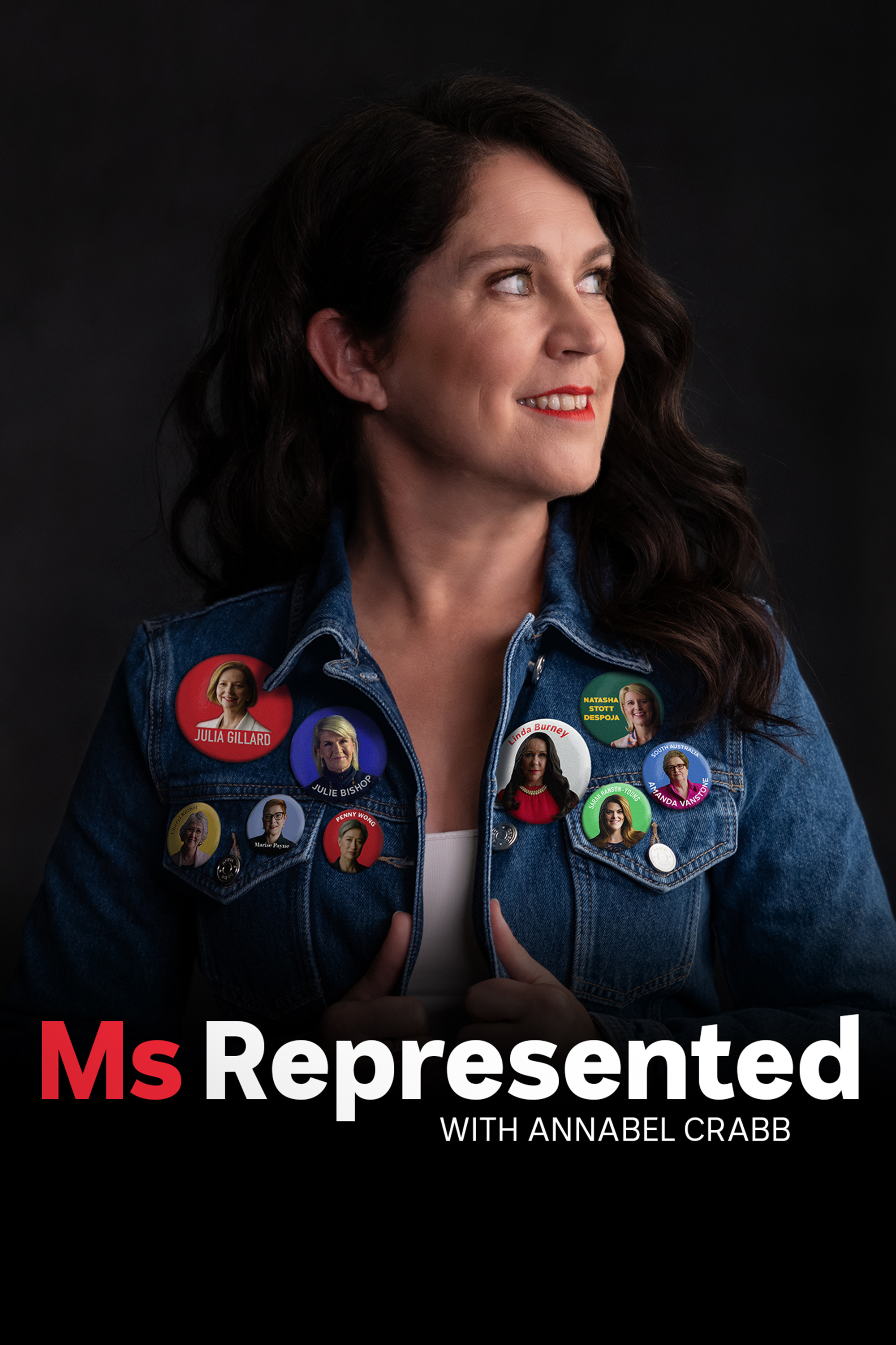 Image of Annabel Crabb in a denim jacket with political pins on it titled Ms Represented
