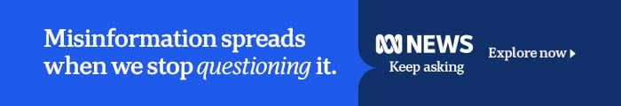 ABC News banner with text reads: Misinformation spreads when we stop questioning it. Keep Asking.