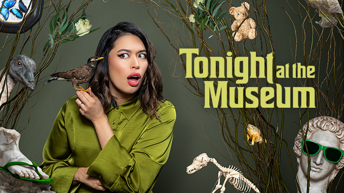 Alex Lee holding a bird against her head, surrounded by various museum artefacts. Text reads Tonight at the Museum