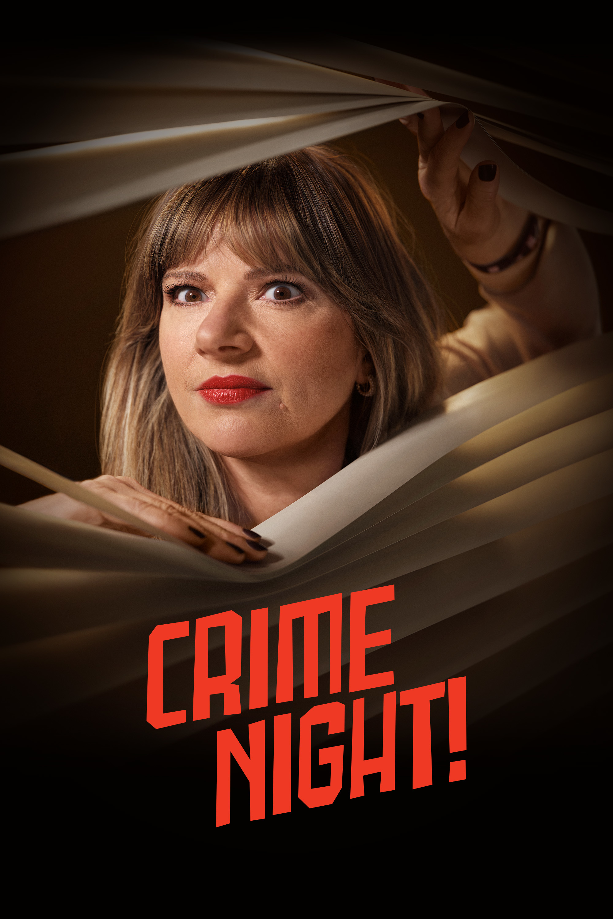 Julia Zemiro peering through blinds in a dark space with the Crime Night! logo.