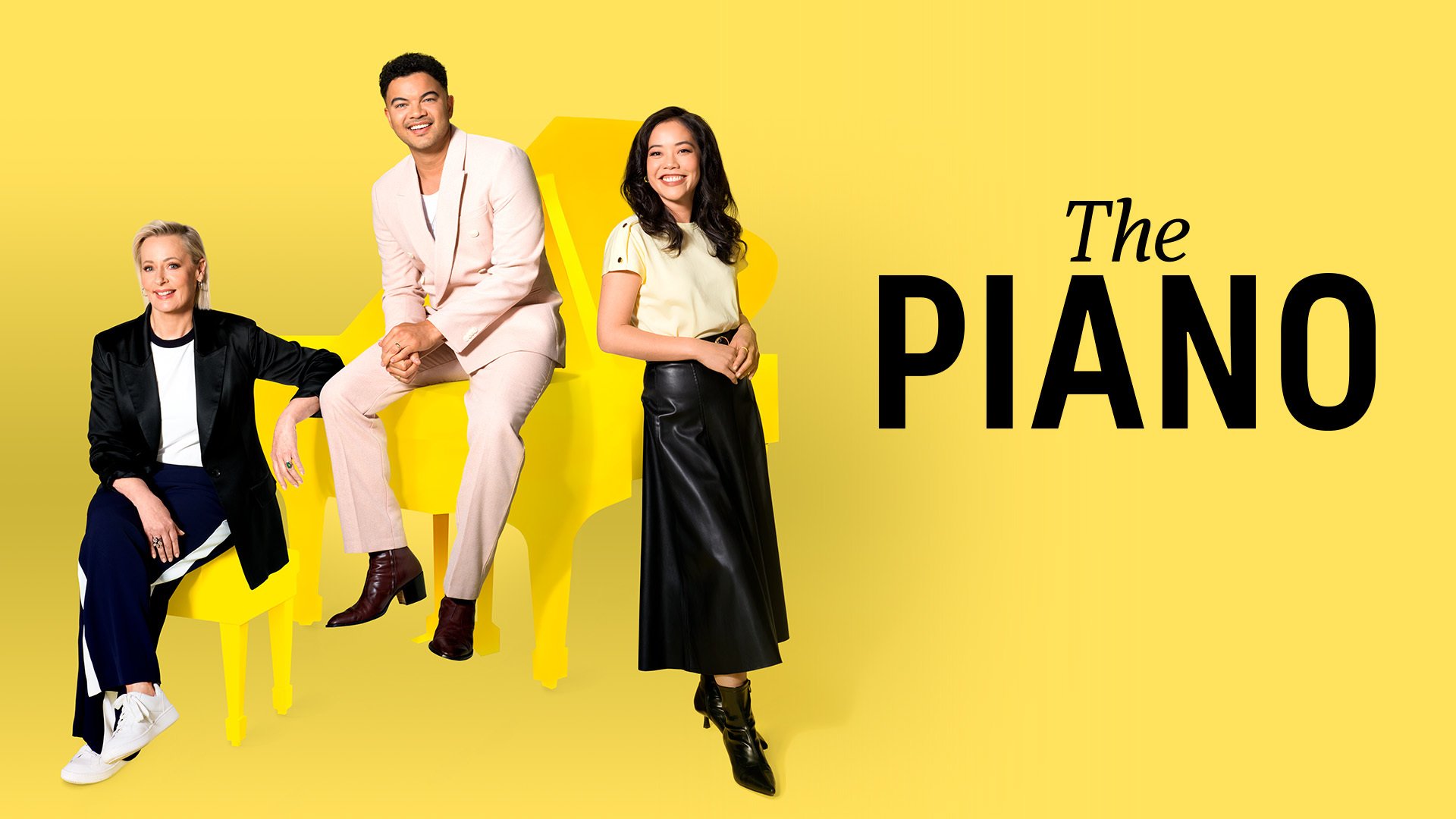 Show artwork for The Piano Season 2 featuring Amanda Keller, Andrea Lam and Guy Sebastian on a bright yellow background.