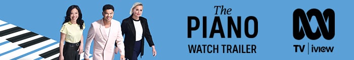 Show art for The Piano Season 2: featuring Amanda Keller, Andrea Lam and Guy Sebastian on a bright blue background. Watch Trailer on ABC iview.