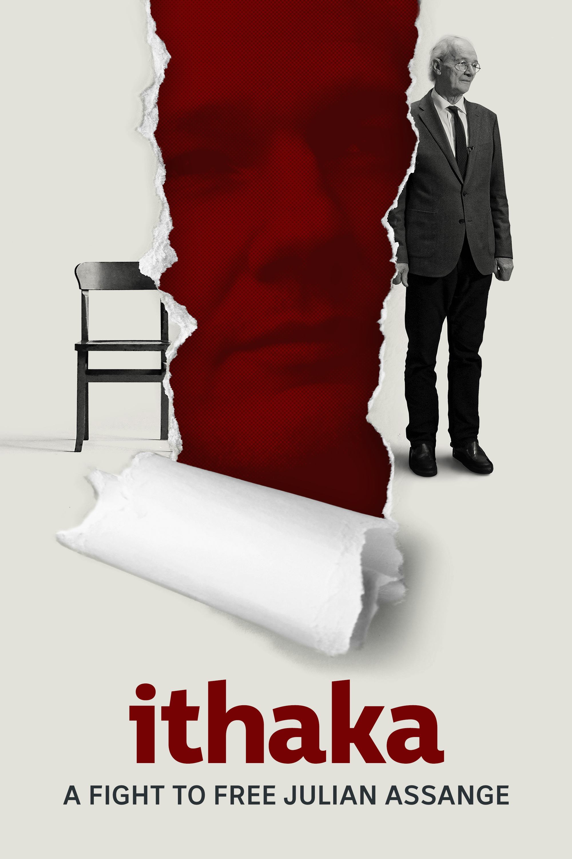 Movie poster for the documentary Ithaka: A Fight to Free Julian Assange, featuring a stylized design with a torn paper effect revealing a red-tinted face.