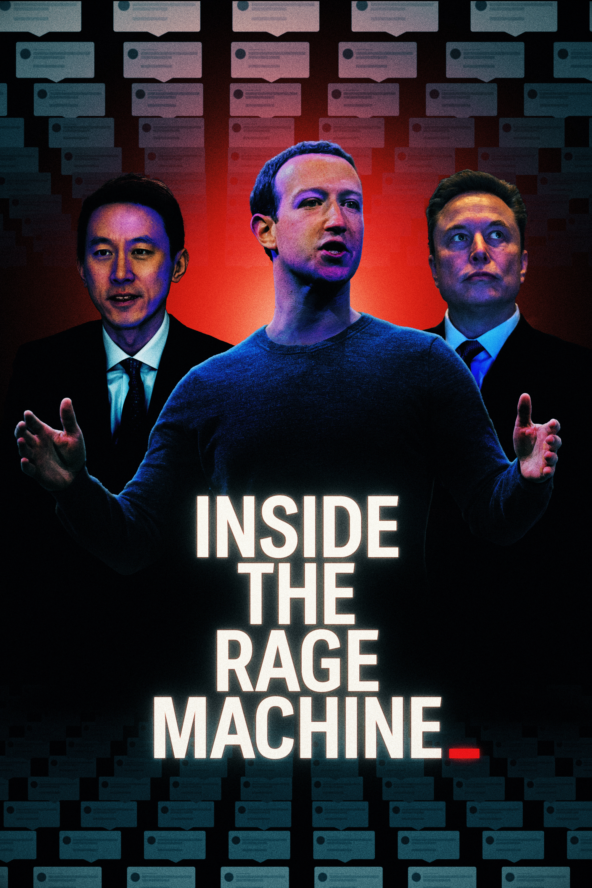 Portraits of Shou Zi Chew, Mark Zuckerberg and Elon Musk, surrounded by speech bubbles. Text reads Inside The Rage Machine.