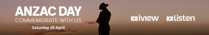 Silhouette of a soldier at sunset and text reading ANZAC DAY Commemorate with us. ABC iview and listen