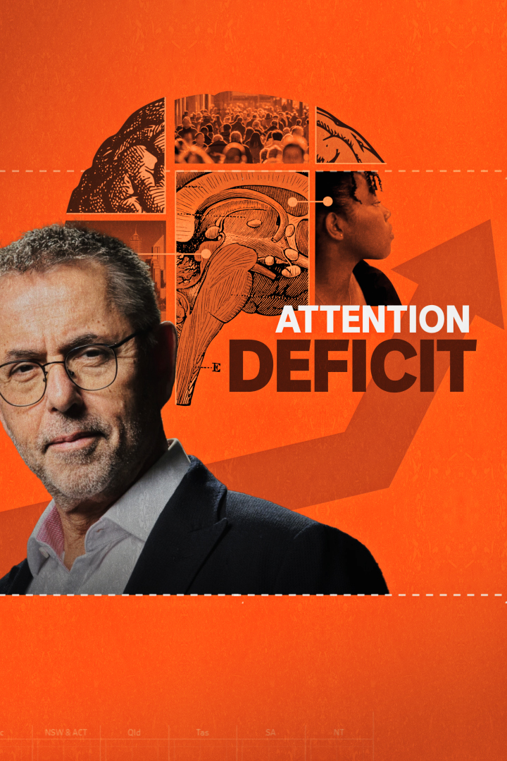 Portrait of Dr Norman Swan in front of graphic of human brain split up into different sections. Text reads Attention Deficit.