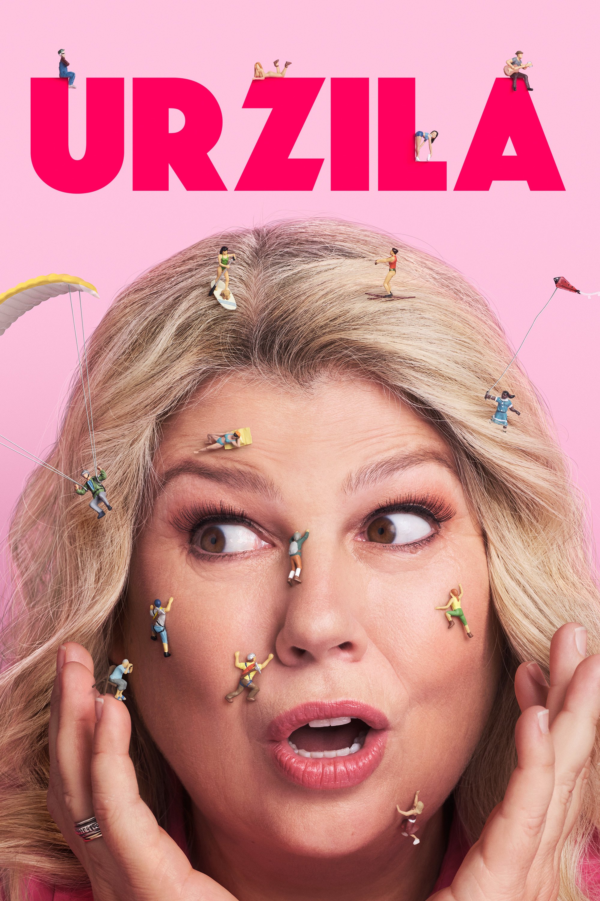 Urzila Carlson with an open-mouthed expression, featuring tiny figurines performing outdoor activities over her head and face.