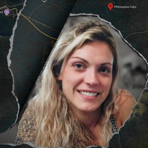 A portrait of a smiling woman with blonde hair, framed by a torn paper effect that reveals a map with a pin at Philosopher Falls.
