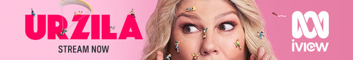 Show artwork for Urzila: Urzila Carlson with a surprised expression as tiny people climb on her face, with bold pink background