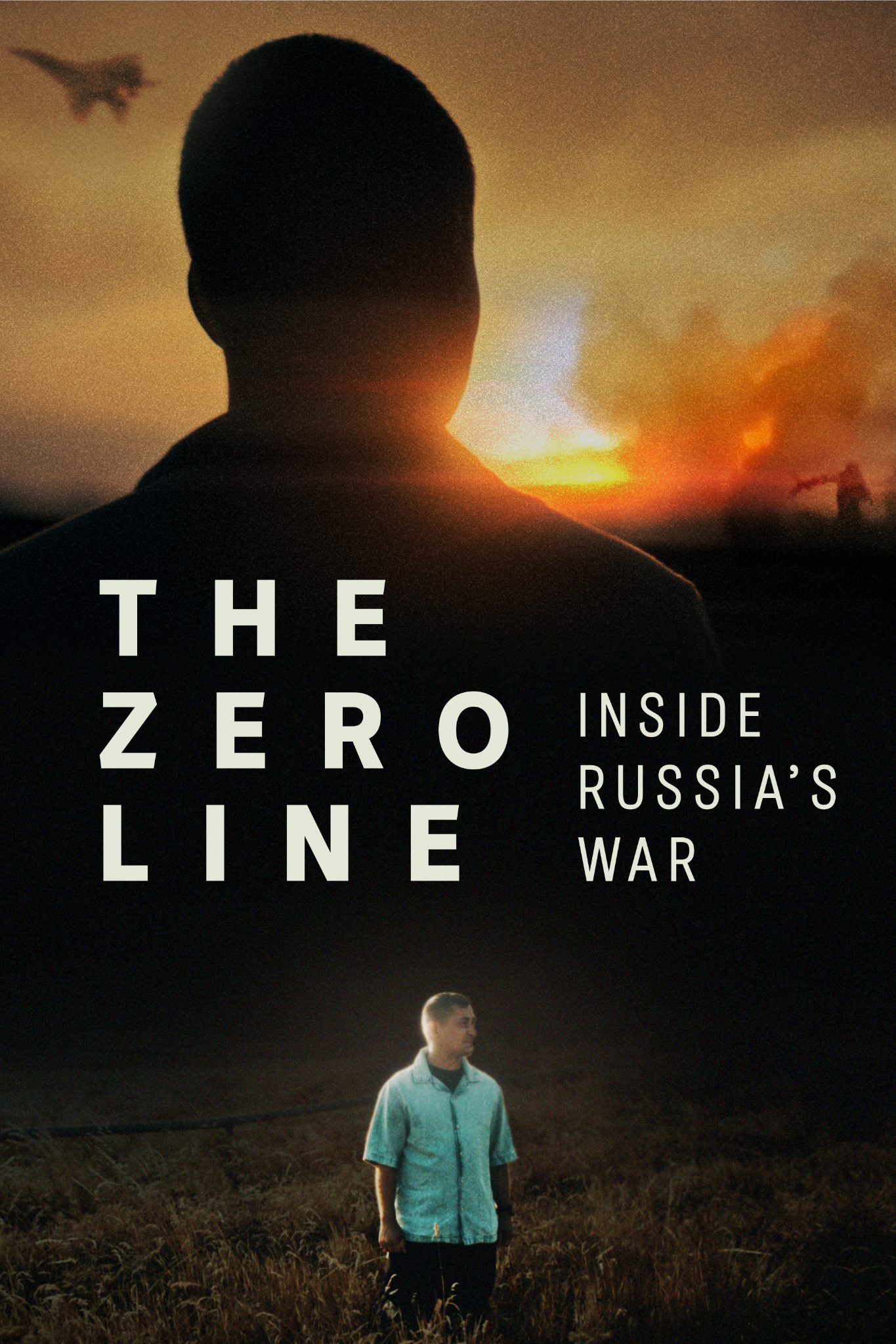 Silhouette profile facing sunset with a man standing in a field. Text reads The Zero Line, Inside Russia's War.