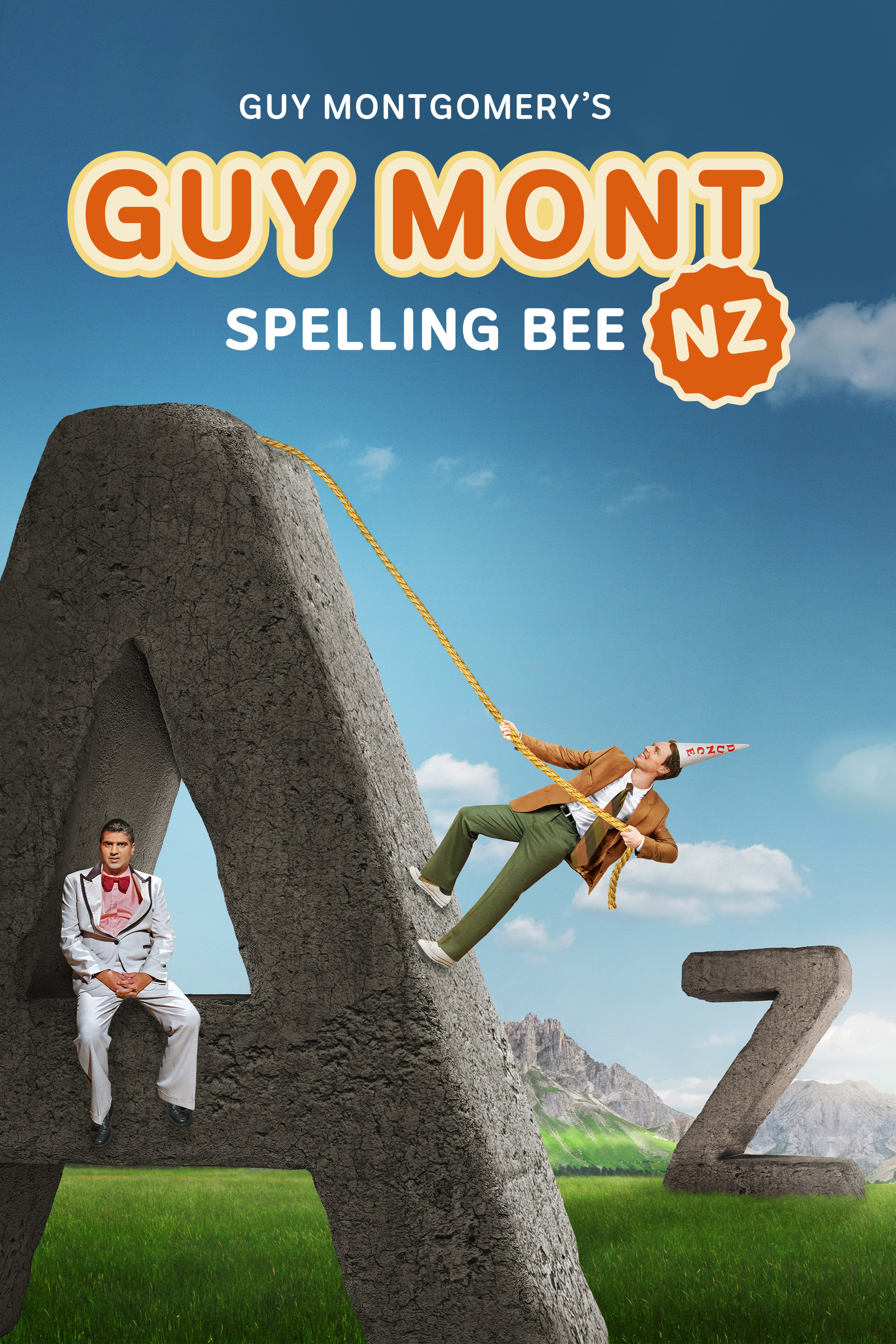 A promotional poster for Guy Montgomery's Guy Mont Spelling Bee NZ, showing a person sitting on a giant letter A and another swinging on a rope attached to it, set against a bright sky and green hills.