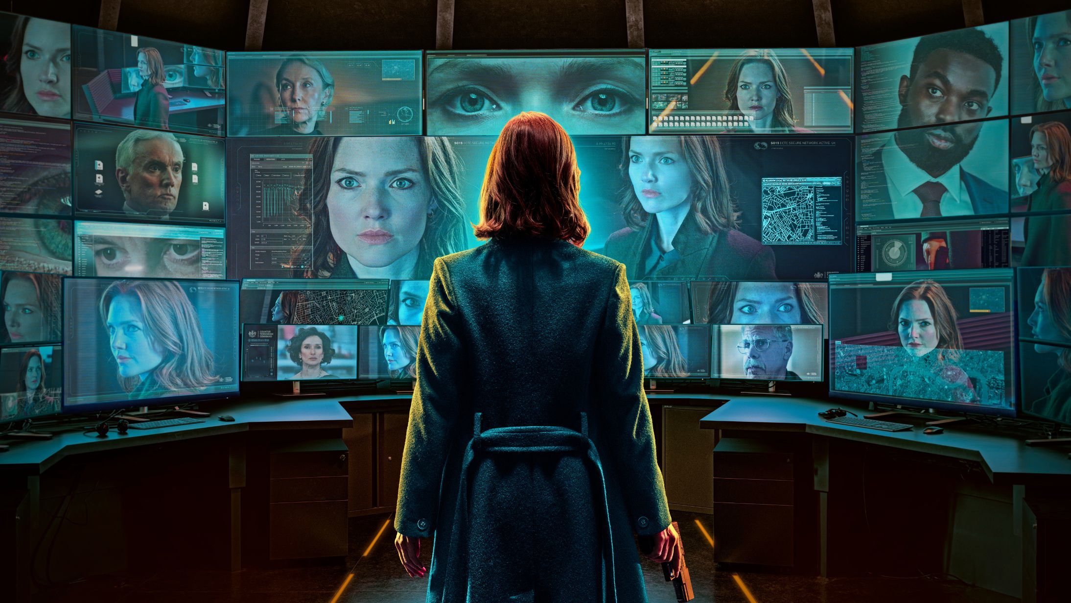 4:34 PMClaude responded: A woman with red hair stands with her back to the camera in a darkened surveillance room, surrounded by multiple screens displaying various faces and data.A woman with red hair stands with her back to the camera in a darkened surveillance room, surrounded by multiple screens displaying various faces and data.