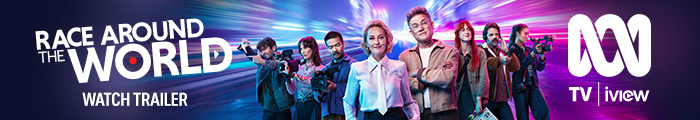 Show art for Race Around the World: film makers standing together against a vibrant backdrop. Watch trailer on ABC iview