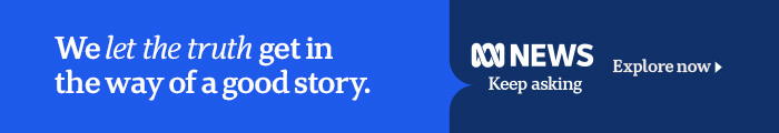 Blue banner with the text, We let the truth get in the way of a good story,” along with the ABC NEWS logo and the phrases Keep asking and Explore now.