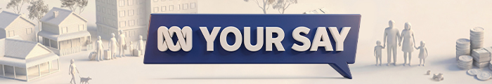 A town of 3D white figures, buildings and coins with a speech bubble reading Your Say with the ABC logo