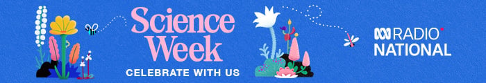 Blue Science Week banner with colorful flowers, plants, birds and butterflies