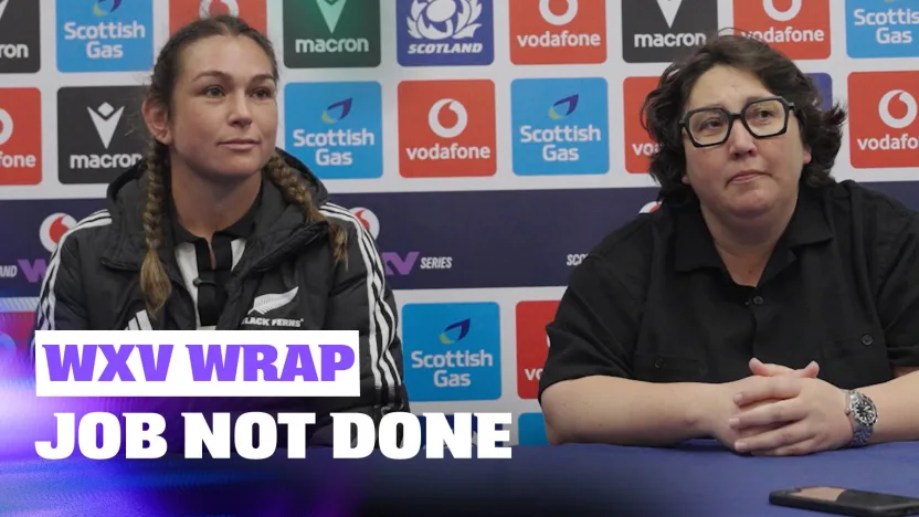 Georgia Ponsonby and Whitney Hansen at a Black Ferns press conference