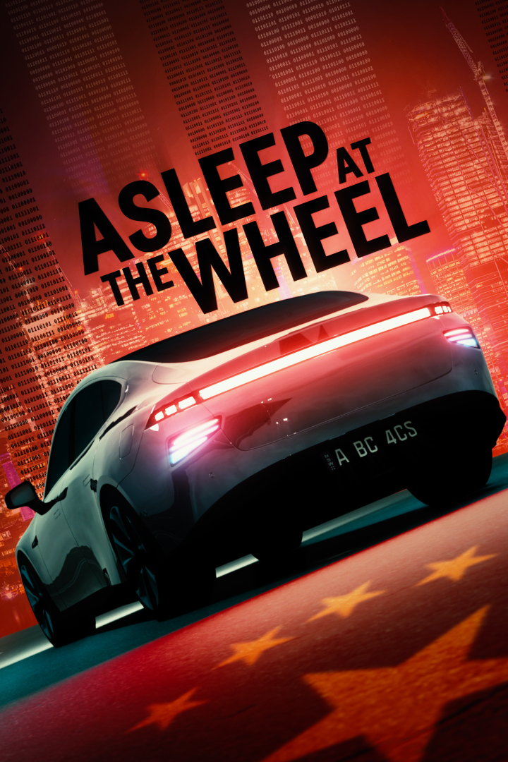 A sporty EV drives away, on the ground is a projection of the Chinese flag, text reads Asleep at the Wheel