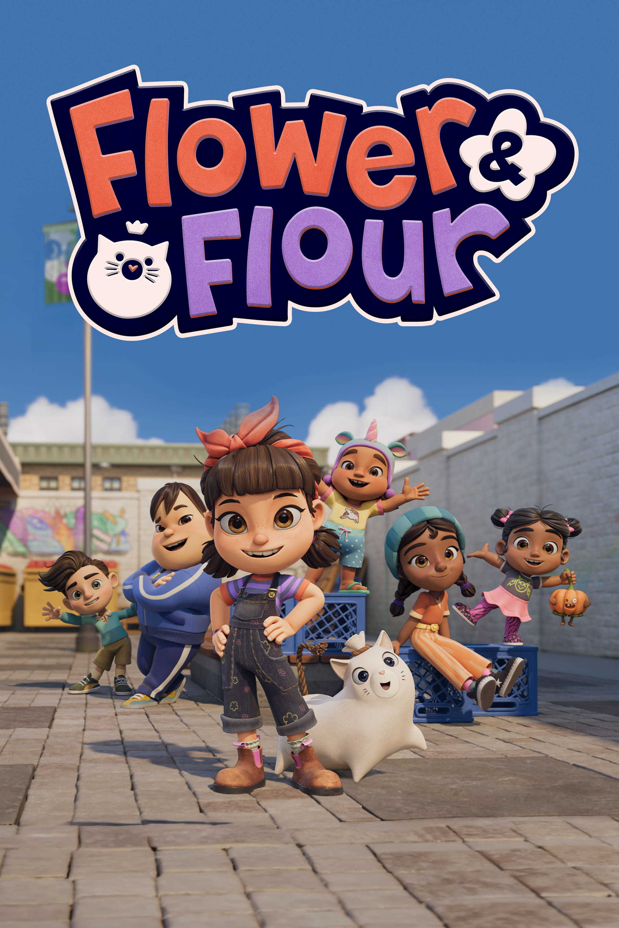 Promotional poster for Flower & Flour, showing the animated main characters and their cat companion together on a city street, with the show's title above them.