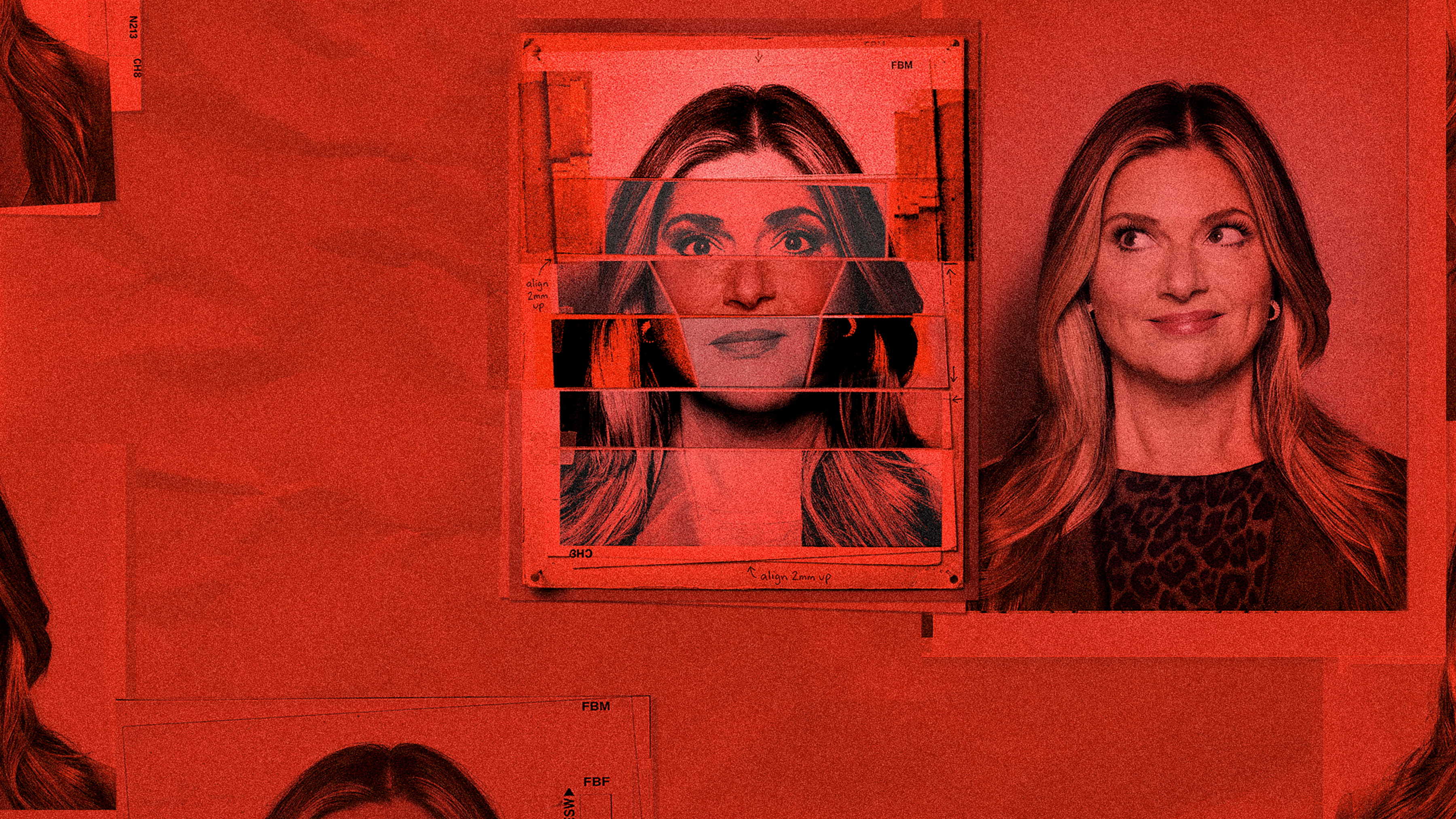 Promotional key art for Crime Night! season 2, showing host Julia Zemiro in red-toned, forensic-sketch-style artwork alongside grid-marked reference photos of her face.
