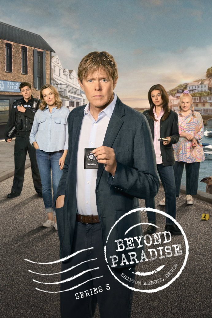 Poster for Beyond Paradise Series 3, showing a detective holding up his badge with four other characters standing behind him on a harbourside street.