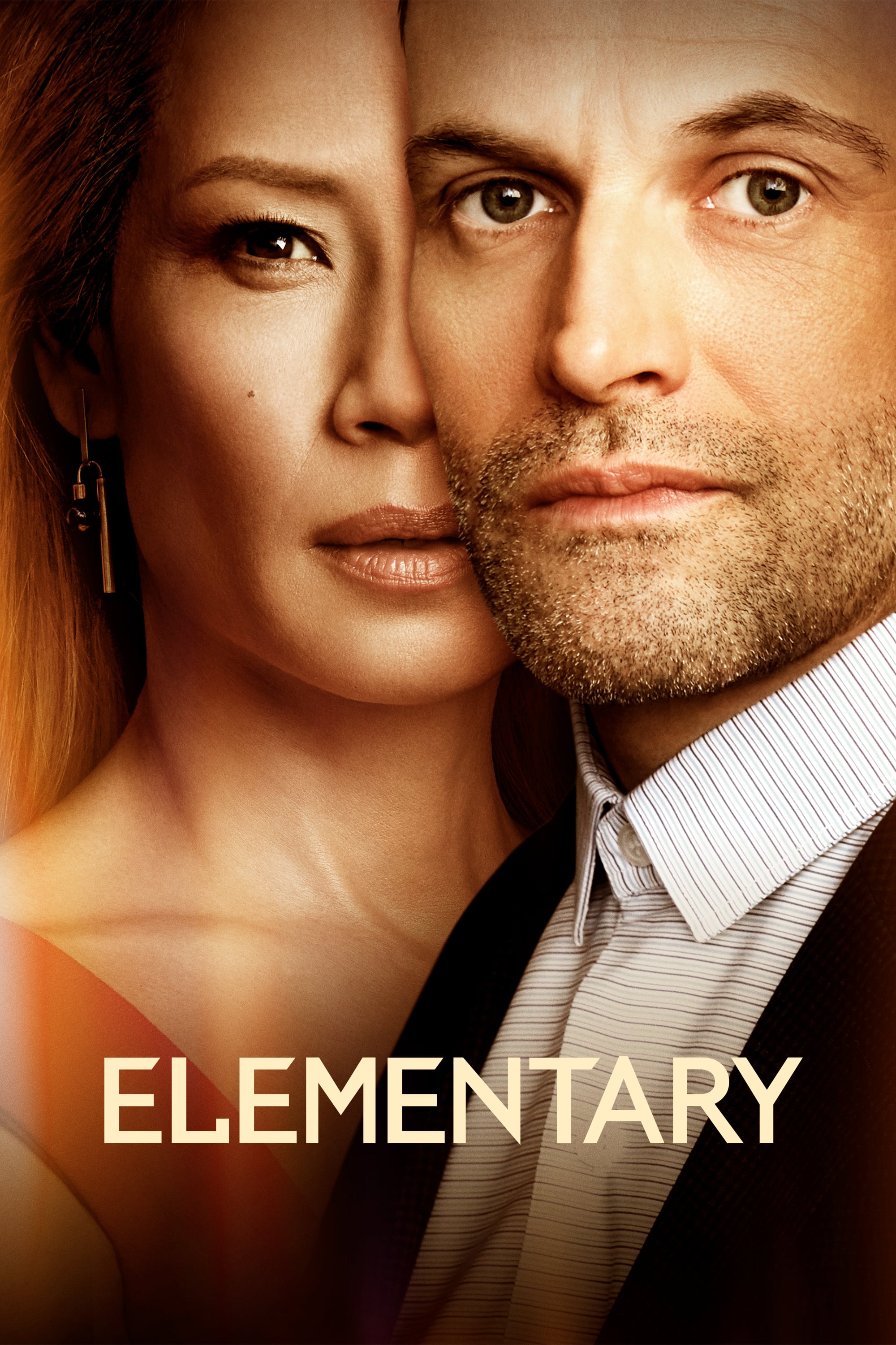 Poster for Elementary, showing a close up of the two lead detectives face to face against a warm toned background.