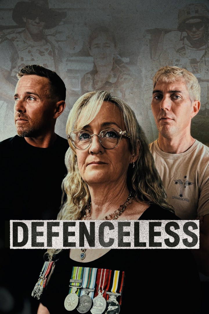 Three veterans, behind them images of them in uniform while serving. Text reads Defenceless